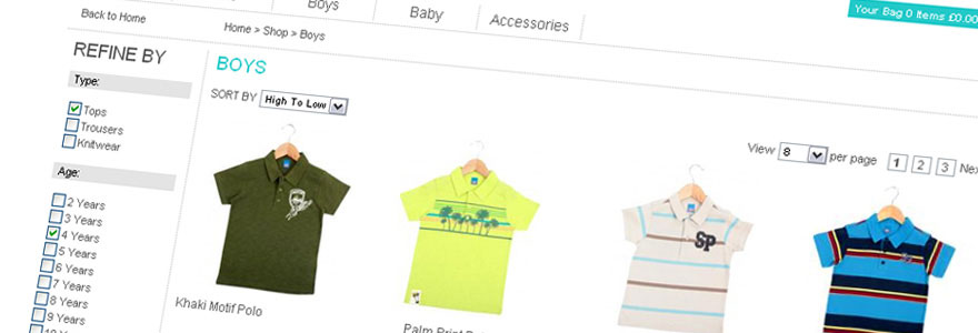 The Adams website refine by menu
